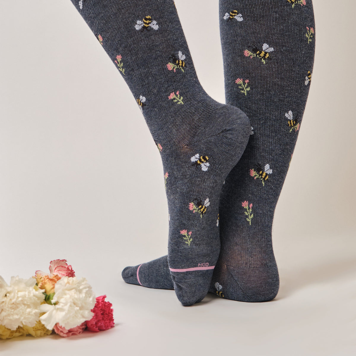 Bees With Flowers - Knee-High Moderate Compressoion Socks For Women | Dr. Motion
