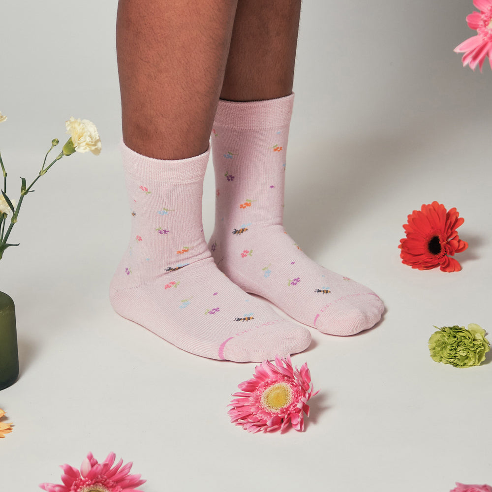 Flowers And Bees - Diabetic Half Cushion Socks For Women | Dr. Motion